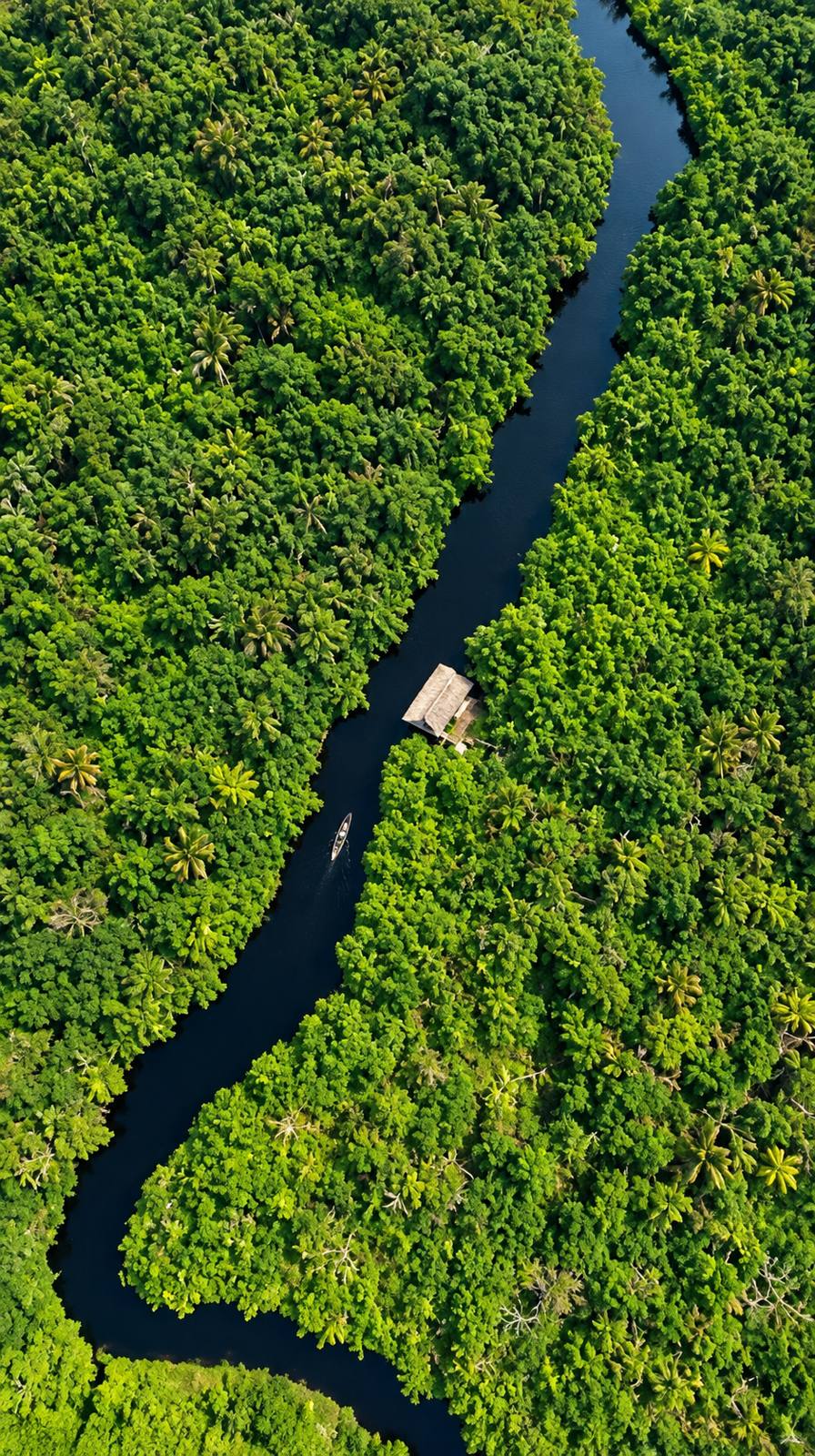 Vue aérienne de la rivière noire d'Adjarra serpentant dans la forêt, une pirogue sur l'eau